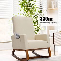 Giantex Upholstered Rocking Chair, Modern Fabric Armchair w/Wood Base, Side Pocket, Linen Padded Seat, High Back Accent Glider Rocker Chair, Mid-Centu