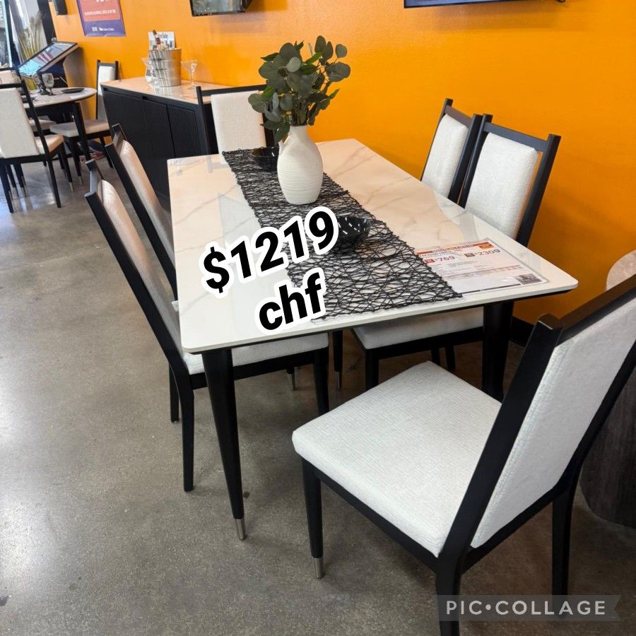 Black  / White Modern 7 Piece Dining Table Set 
