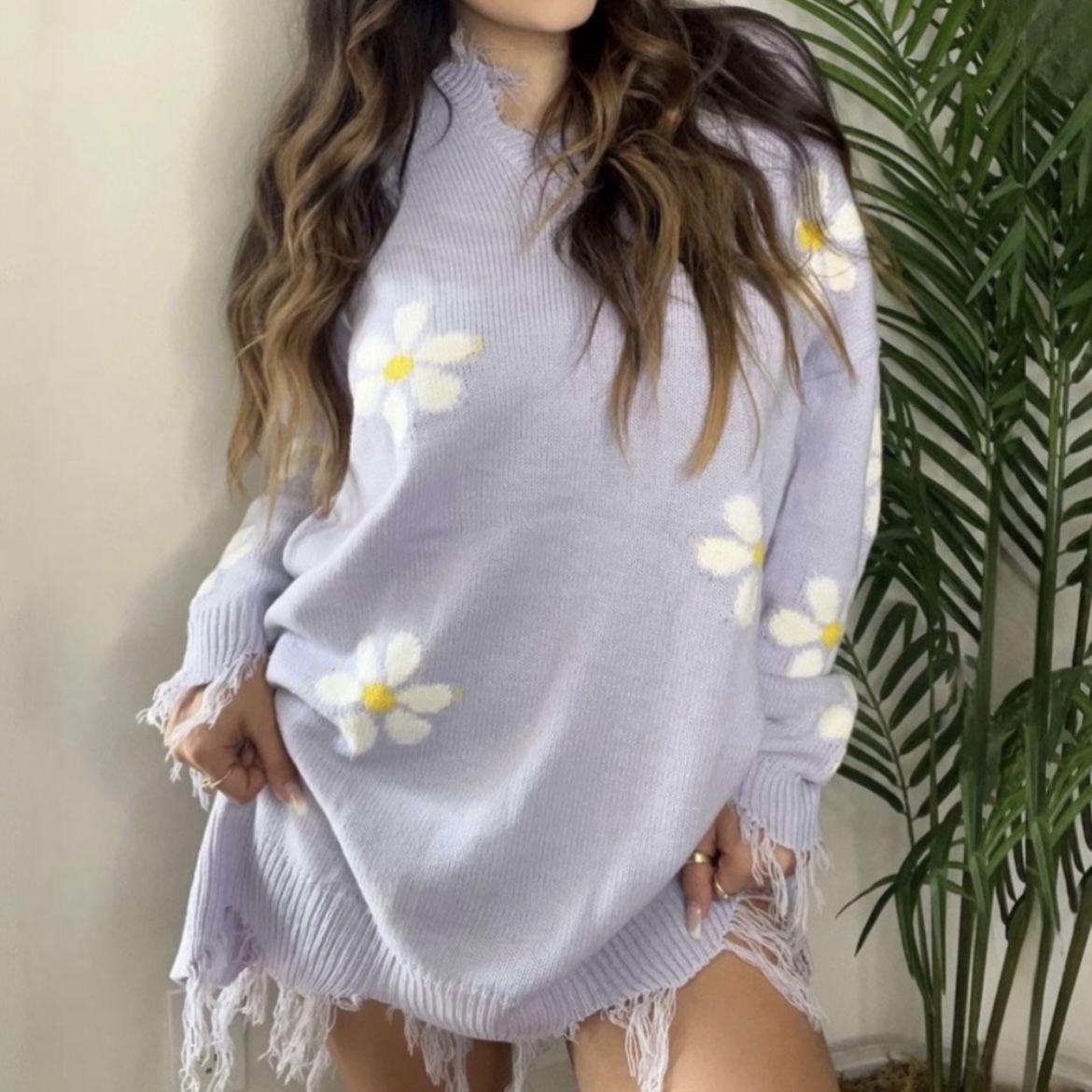 New Lavender Fringe Daisy Print Distressed Mini Sweater Dress - Women's XS, Nwt