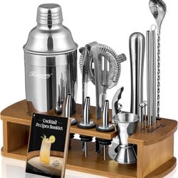 KITESSENSU Cocktail Shaker Set Bartender Kit with Stand | Bar Set Drink Mixer Set with All Essential Accessory Tools: Martini Shaker, Jigger, Strainer