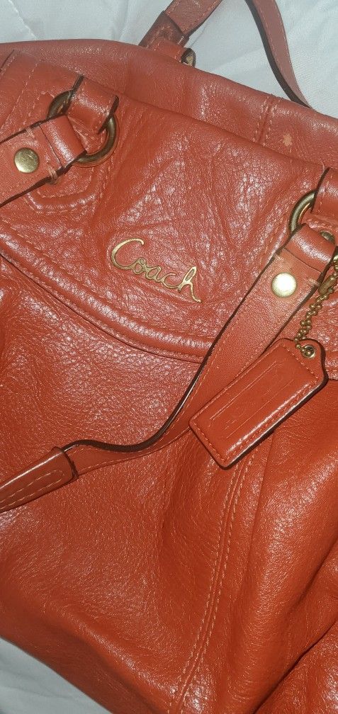 Coach F19247 Ashley Pink Coral Orange-ish Leather Satchel Handbag Purse