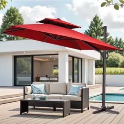 Double Top 10 ft. x 10 ft. Square Aluminum Tilt Heavy-Duty 360° Rotation Offset Cantilever Patio Umbrella in Red