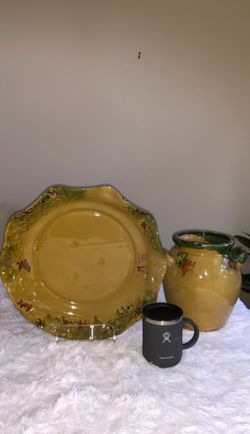 2-pc Glazed Decorative Pottery / Clay Jar & Matching Platter