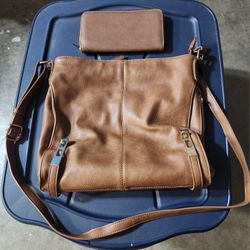 MMS Brown Faux Leather Medium Size Crossbody Bag Purse & A Wallet