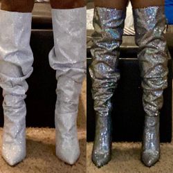 Silver Sequin High Heel Boots Women Size 8