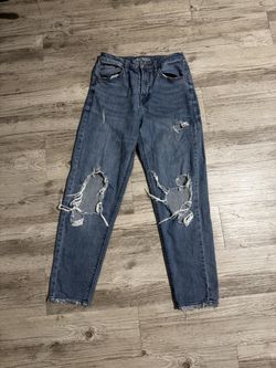 Wild Fable High Rise Mom Jeans Regular Fit Blue Denim Distressed Button Zip