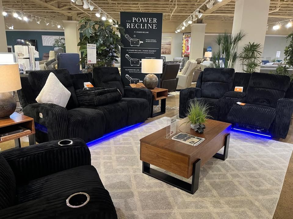 Black corduroy Power Recliner sofa features LED lighting, wireless audio connectivity & much more