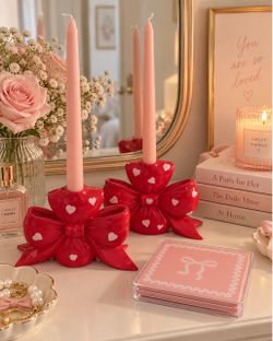 Pink Bow Candle Holder & Coaster Set – Coquette Heart Décor 🎀💕