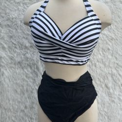 Striped Black and White Halter Bikini Set New