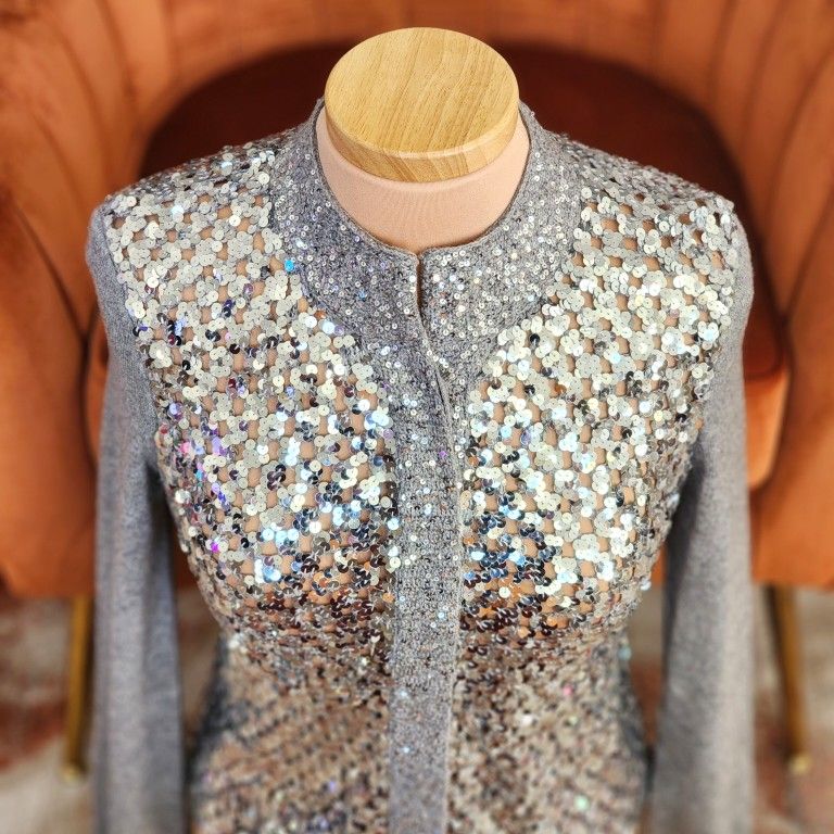 Designer Grey Cashmere and Sequin Cardigan Sweater!