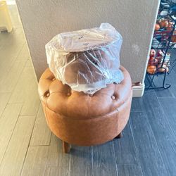 Round Storage Ottoman, Set of 2, Modern PU Leather Coffee Table with Removable Top, Upholstered Ottoman with Storage Footrest Stool for Living Room, B