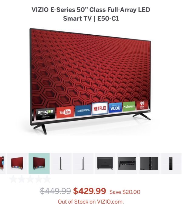 50” Vizio Smart TV. Model number E50C1. Sells refurbished for 370 on
