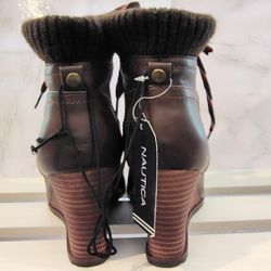 NAUTICA "Brandt" Lace-Up Chocolate-Brown Faux-Leather Booties w/Wedge Heel