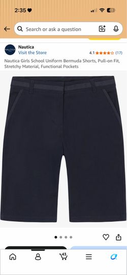 **NEW** Nautica Girls' Big School Uniform Bermuda Shorts, Pull On Fit & Stretchy Material, Faux Button & Functional Pockets, Navy, 10