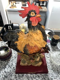 Large Resin Rooster Figurine on Wood Base
