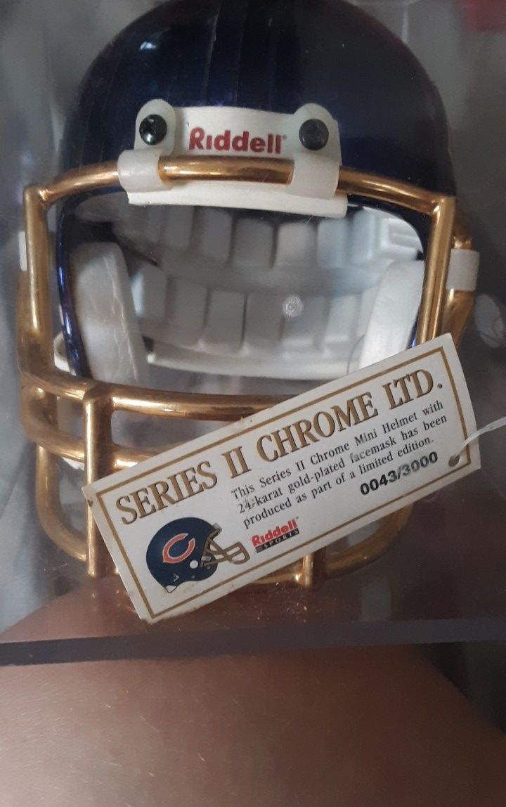 NEW RIDDELL LIMITED CHICAGO BEARS CHROME MINI HELMET 24K GOLD PLATED FACEMASK
