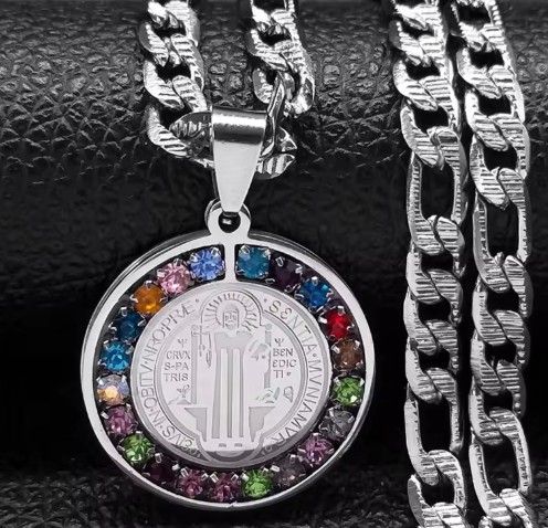 Colorful Crystal Saint Benedict Medal Round  Pendant Necklace in  Stainless Steel 