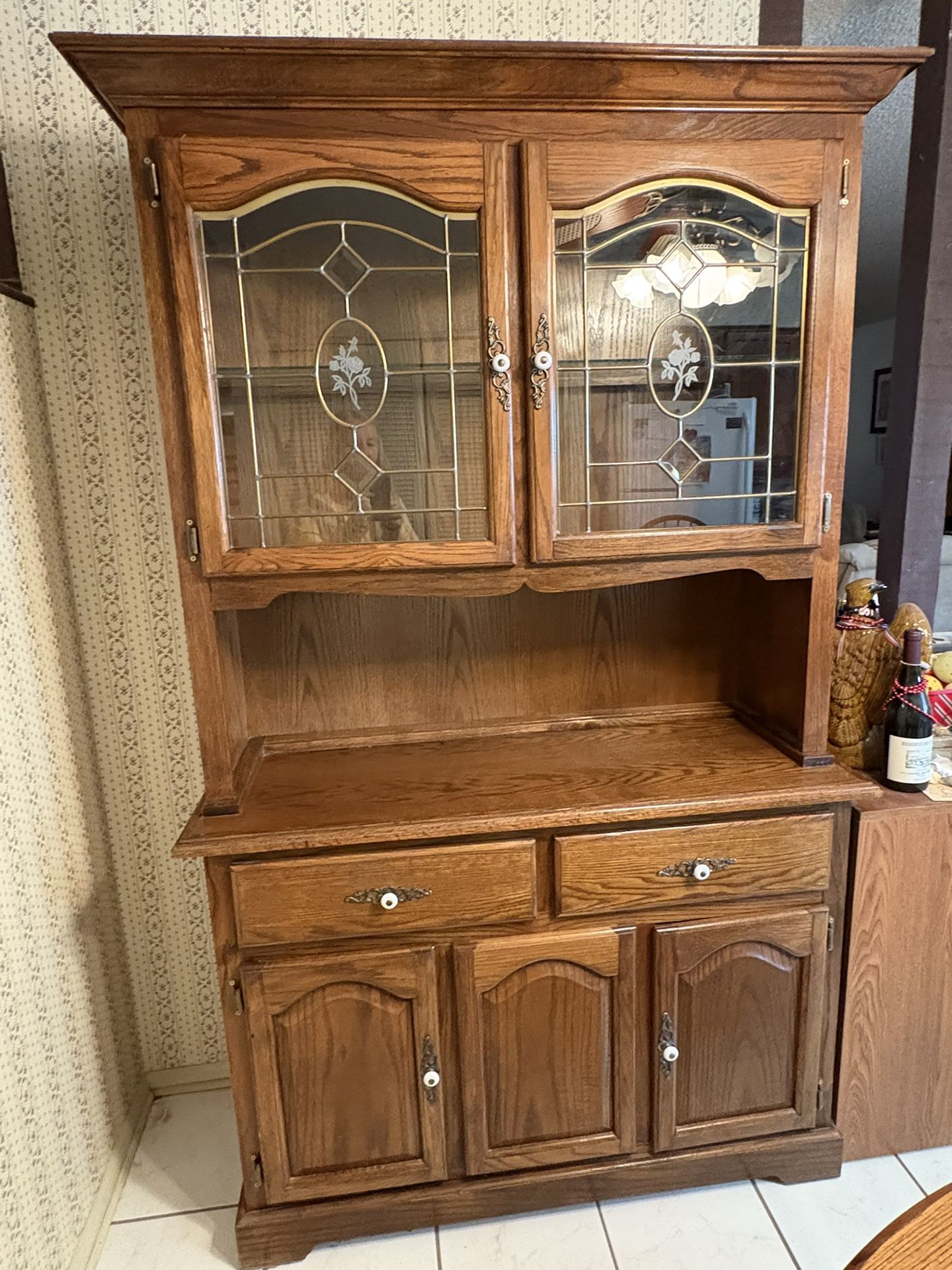 Oak China Cabinet With Lead Glass Doors