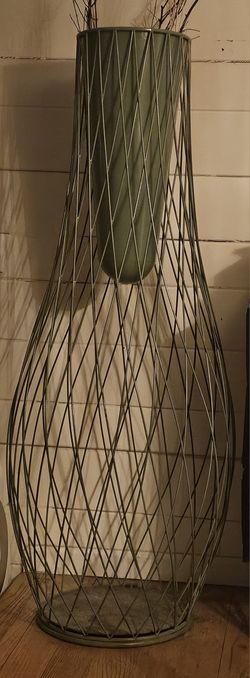Tall Vintage Green Checkered Metal Vase