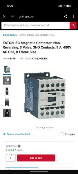 EATON IEC Magnetic Contactor: Non-Reversing, 3 Poles, 3NO Contacts, 9 A, 480V AC Coil, B Frame Size
