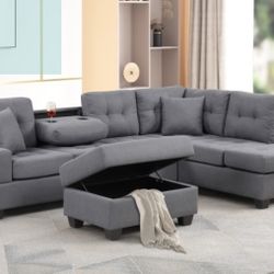 New‼️ Dark Gray Fabric Reversible Sectional Sofa & Ottoman w/ Throw Pillows