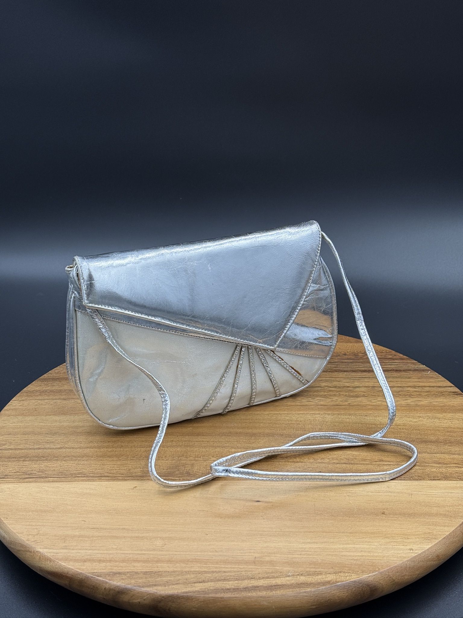 STUART WEITZMAN 70's disco rhinestone crystal silver clutch cross body bag purse