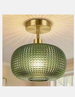 Rottogoon Adjustable Gold Semi Flush Mount Ceiling Light with Green Glass Shade