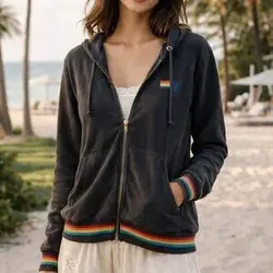 Aviator Nation Hoodie Jacket XS Dark Gray 5 Stripe Rainbow Cuff Full Zip Logo