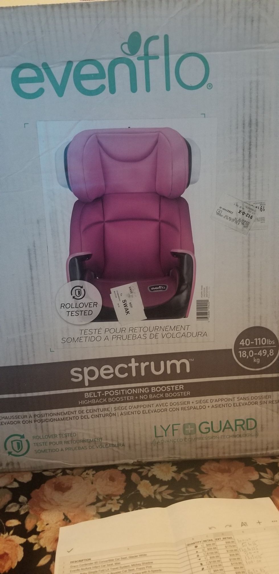 Evenflo spectrum high back booster car seat poppy pink
