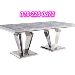 Modern Glam Light Gray Faux Marble Top Mirrored Silver Finish Stainless Steel Double Pedestal Base