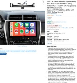 New | 10.2" Car Stereo for Toyota Camry 2015–2017 with CarPlay｜Amazon Retail $179.00