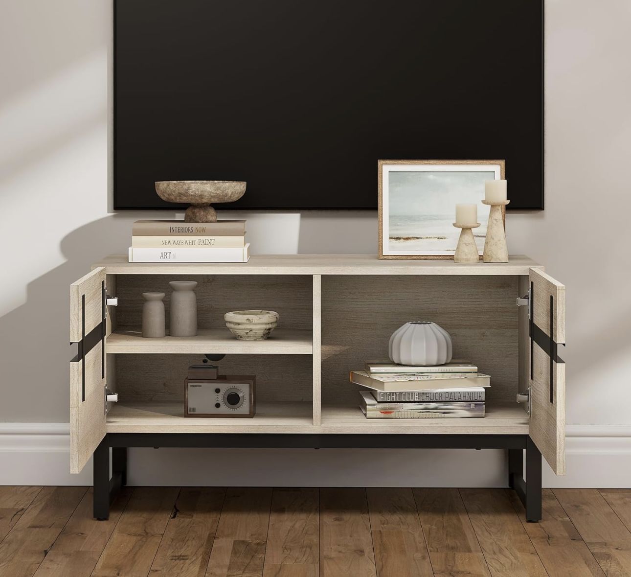 Modern TV Stand for TVs up to 50 inches, TV Entertainment Center Console Table with Storage Cabinet, Wooden Media Console for Living Room, Oak