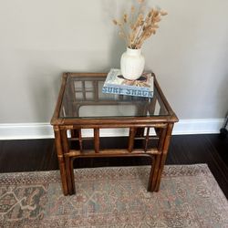 Rattan End Table With Glass Top