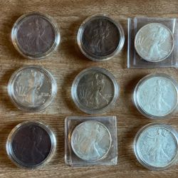 9 American Silver Eagles, Various Dates  .999 Silver,   1 Ounce Silver per Coin.