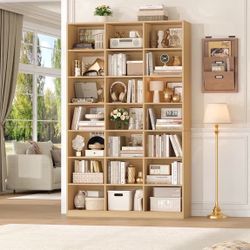 Hiphuta 21-Cube Bookcase, 86"H Tall Wooden Bookshelves for Bedroom, Living Room and Office, Freestanding Display Shelves Cube Organizer, Natural