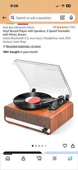 Vinyl Record Player with Speakers, 3 Speed Turntable with Mirror, Brown