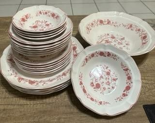 17 Pc Vintage F.W. Woolworth Pink Flower Design Plates & Bowls