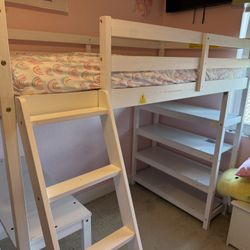 White Bunk Loft Bed, Twin Size, Shelves Desk Area