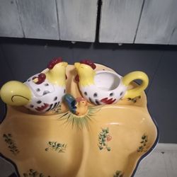 Cockadoodledoo, Vintage Rooster Creamer And Sugar Dishes And A Vintage Rooster Candy Or Food Dish.