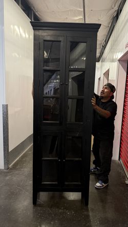 Solid dark wood glass display cabinet