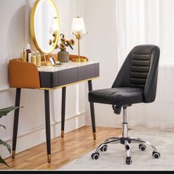PU Leather Armless Office Chair, Mid Back Desk Chair,Computer Task Chair, Modern Vanity Chair with Rolling Wheels, Metal Base Black
