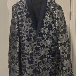 Blue Silver Suit Top Flower Pattern Men’s Small