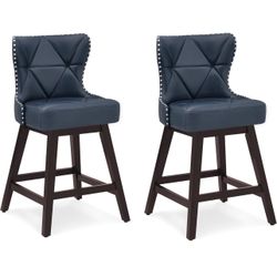 Navy Blue Counter Height Bar Stools Set of 2, 26" H Swivel Bar Stool with Back, Faux Leather Counter Stool, Solid Wood Legs, Retro Upholstered Barstoo