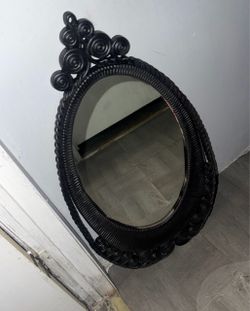 Oval Wall Mirror with Black Wicker Frame