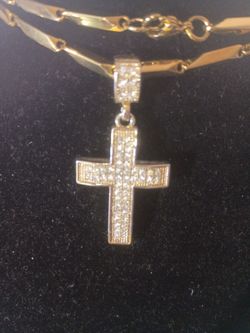 Small gold plated cross with cubic zirconium on a gold tone beaded necklace 25 in Long with Lobster clamps