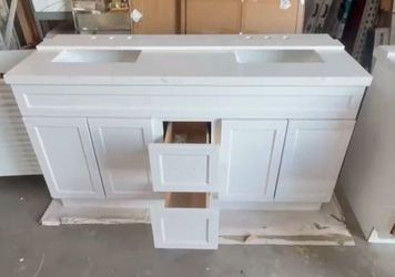 60inch White Double Sink Bathroom Vanity with Stone Top