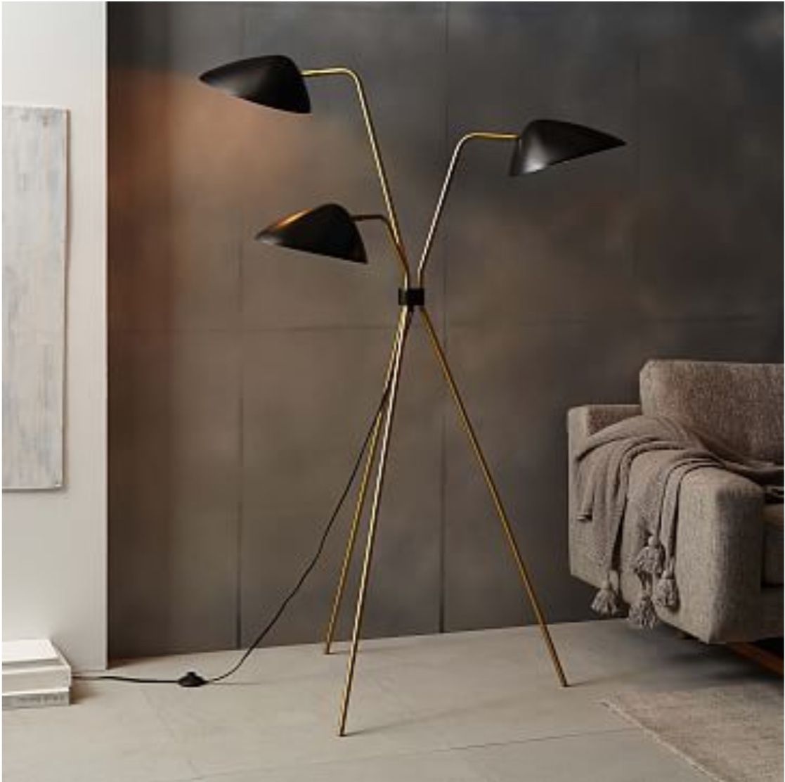 Curvilinear Mid-Century Floor Lamp, 3-Light, Black/Brass