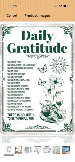 Daily Gratitude Quote Vintage Metal Tin Sign Wall Art Home Decor 8" x 12", Thankful Life Quote Tin Poster for Bedroom, Living Room, Office, Ideal Vint