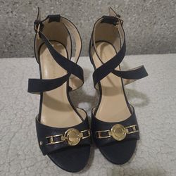 Updated)
Title:
Marc Fisher Wedge Sandals Navy Gold Logo Size 8.5