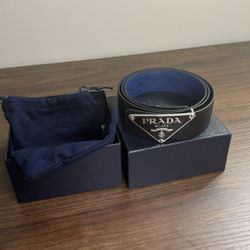 Prada Saffiano Belt Black/Blue Reversible Leather And Enameled Buckle